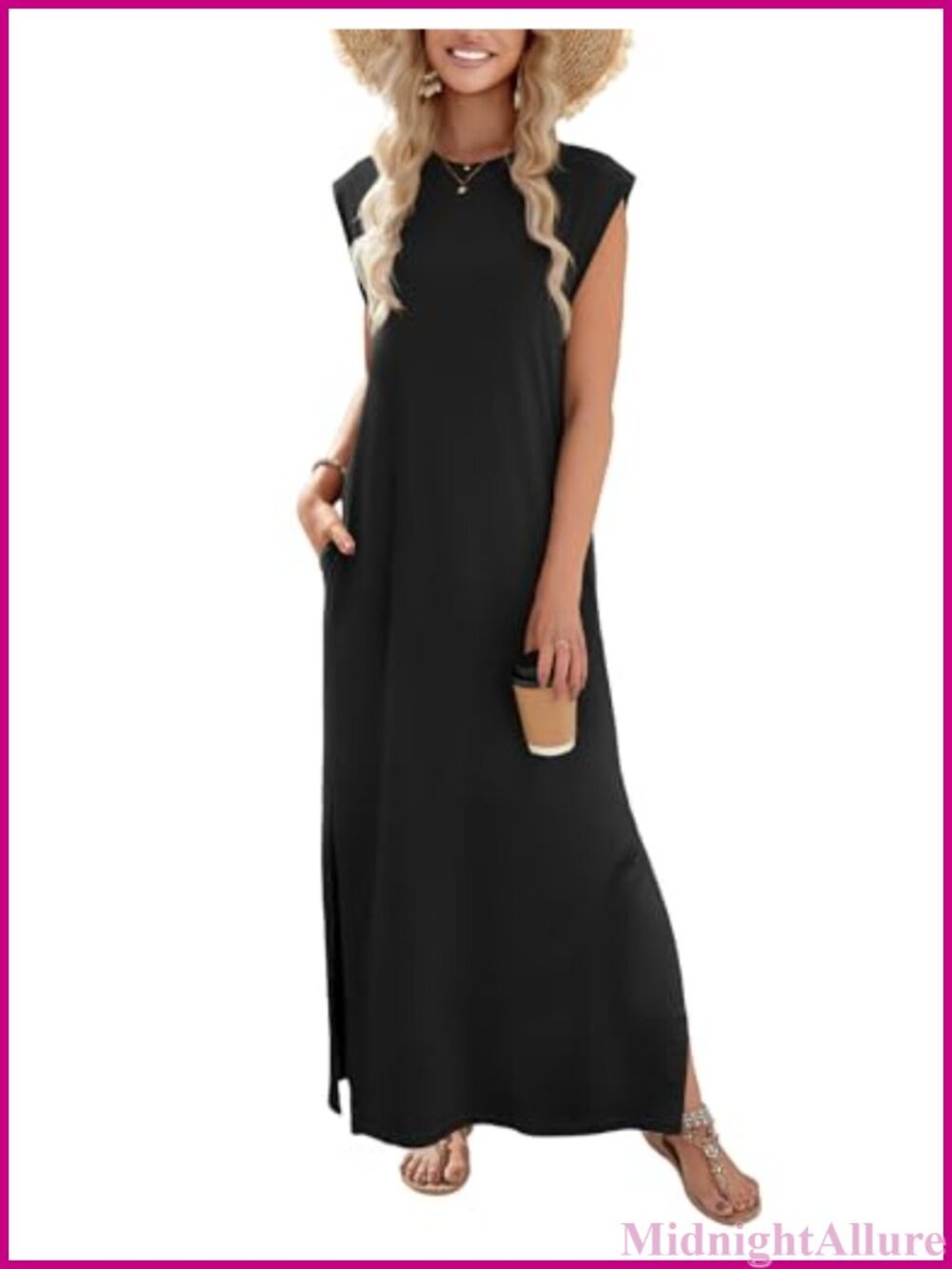 Women's Maxi Sundress Sleeveless Side Slit Pockets Wrinkle Free Beach Vacation